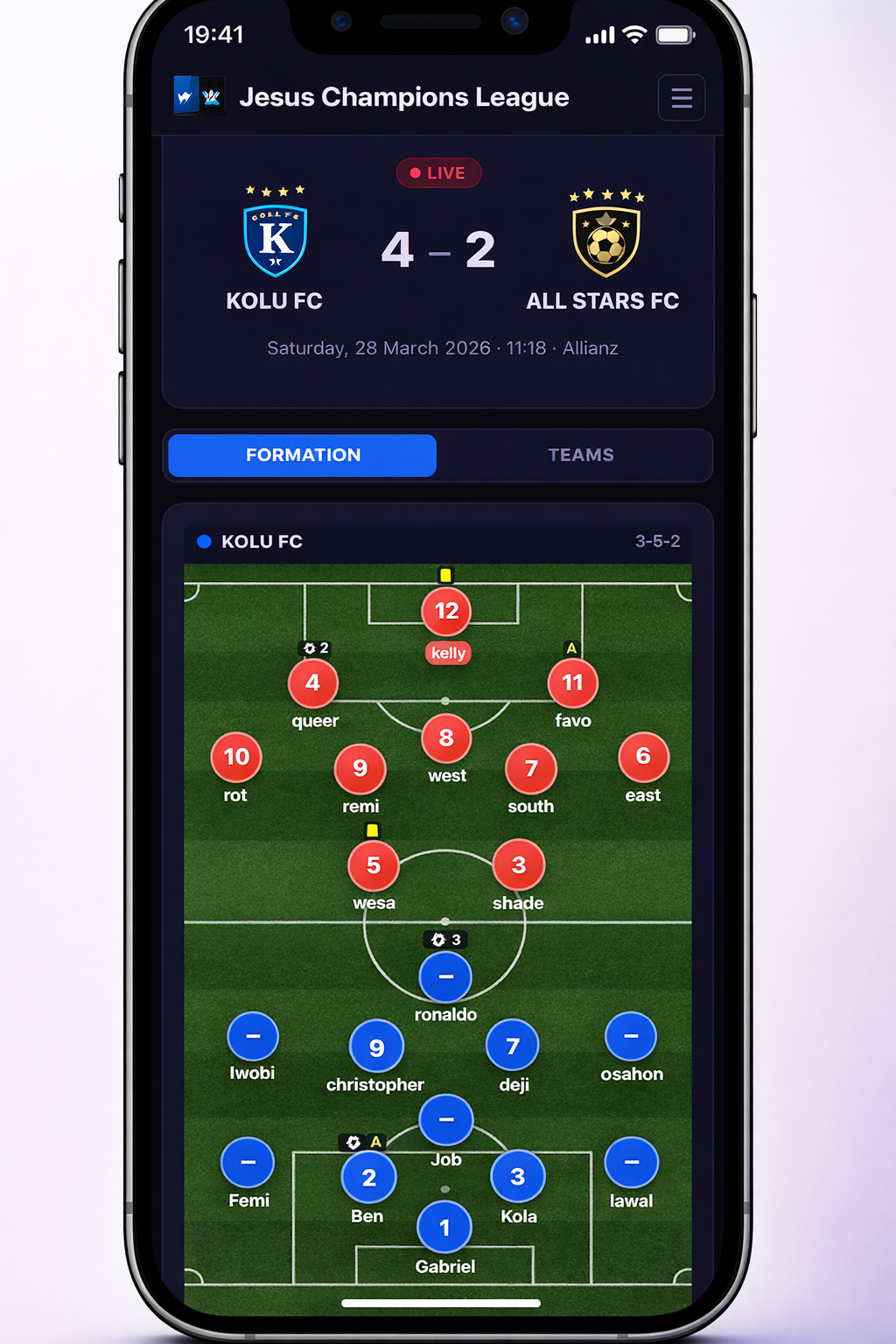 Live match score and formation view on mobile